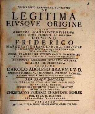 Dissertatio inauguralis iuridica de legitima eiusque origine
