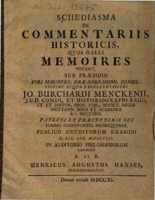 Schediasma De Commentariis Historicis, Qvos Galli Memoires Vocant