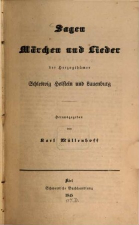 Sagen, Märchen und Lieder der Herzogthümer Schleswig Holstein und Lauenburg