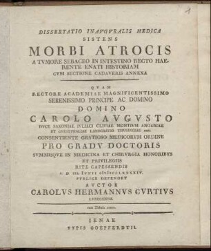 Dissertatio Inauguralis Medica Sistens Morbi Atrocis A Tumore Sebaceo In Intestino Recto Haerente Enati Historiam : Cum Sectione Cadaveris Annexa