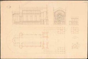 Romanische (evangelische) Kirche Schinkelwettbewerb 1856: Vorentwurf, Grundriss, Schnitte