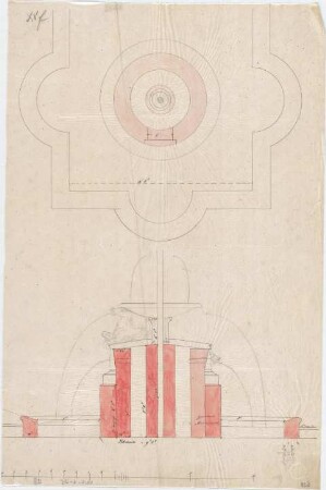 Voit, August von; München; Glaspalast - Hauptbrunnen (Grundriss, Schnitt)