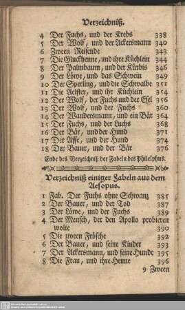 Verzeichniß einiger Fabeln aus dem Aesopus