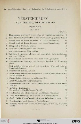 Versteigerung nur Freitag, den 20. Mai 1938, Beginn 3 Uhr (Nr. 1-331)