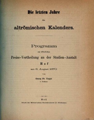 Programm zur öffentlichen Preise-Vertheilung an der Studienanstalt Hof. 1870