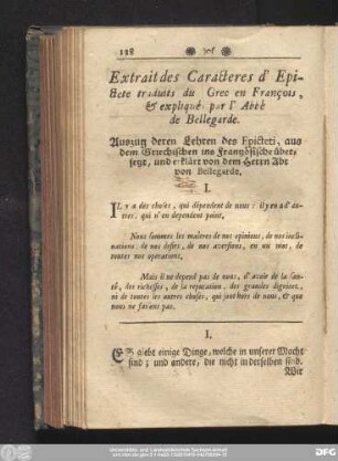 Extrait des Caracteres d'Epictete traduits du Gren en François, & expliqués par l'Abbé de Bellegarde. Auszug deren Lehre des Epicteti, aus dem Griechischen ins Französische übersetzt, und erklärt von dem Herrn Abt von Bellegarde.