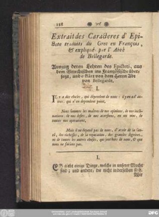 Extrait des Caracteres d'Epictete traduits du Gren en François, & expliqués par l'Abbé de Bellegarde. Auszug deren Lehre des Epicteti, aus dem Griechischen ins Französische übersetzt, und erklärt von dem Herrn Abt von Bellegarde.