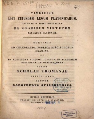 Ad sacra anniversaria in Schola Thomana ... pie celebranda invitat, 1843/44