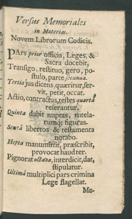 Versus Memoriales in Materias. Novem Librorum Codicis.