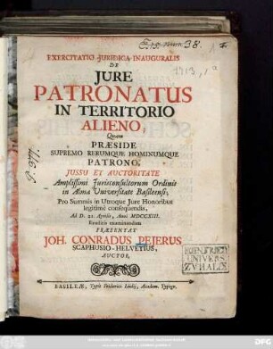 Exercitatio Juridica Inauguralis De Jure Patronatus In Territorio Alieno