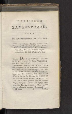 Dertiende Zamenspraak, over de Eigenschappen der Insecten.