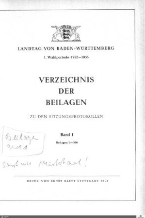 1: Landtag Baden-Württemberg, Beilagen, 1953-1954, Bd. 1