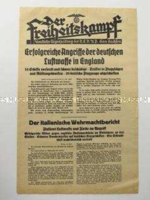 Nachrichtenblatt der sächsischen NSDAP-Zeitung "Der Freiheitskampf" über die Angriffe der deutschen Luftwaffe der Ost-und Südküste Englands