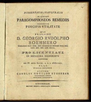Dissertatio Inauguralis De Quibusdam Paragomphoseos Remediis Praesertim Forcipis Utilitate