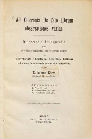 Ad Ciceronis De fato librum observationes variae : Guilelmus Stüve
