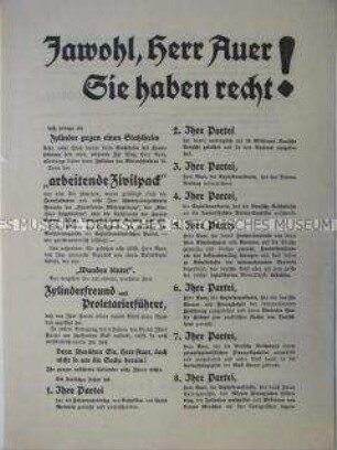 Propagandaflugblatt der NSDAP zur Reichstagswahl 1928 mit Polemik gegen den SPD-Politiker Auer