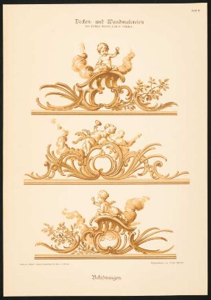 Decken- und Wandmalereien ausgeführt in der Deutsch-Nationalen Kunstgewerbe-Ausstellung München 1888 (Verlag Callwey, 17 Tafeln in Farbendruck, aufgenommen von Stefan Herweg, hrsg. von Friedrich Nauert): Tafel 10: Bekrönungen