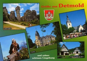 Postkarte: Grüße aus Detmold. Externsteine, Adlerwarte, Schloß, Erlöserkirche, Westf. Freilichtmuseum