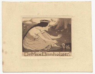 Exlibris für Dr. Max Banholzer : Märchenszene aus Froschkönig, Prinzessin erhält ihre goldene Kugel vom Frosch aus dem Tümpel, Namenszug unterhalb der Darstellung; signiert