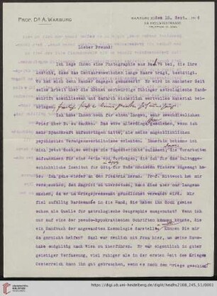 Brief von Aby Moritz Warburg an Franz Boll