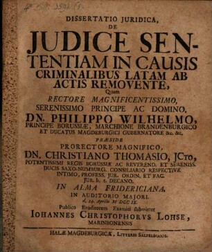 Dissertatio Juridica De Judice Sententiam In Causis Criminalibus Latam Ab Actis Removente