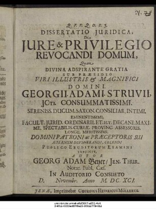 Dissertatio Iuridica, De Iure & Privilegio Revocandi Domum