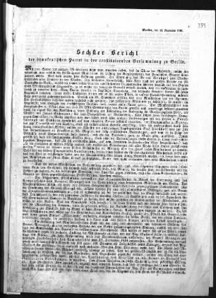 Sechster Bericht der demokratischen Partei in der constituirenden Versammlung zu Berlin. (Sammlung Friedlaender)
