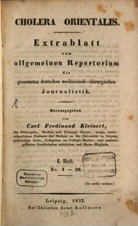 Cholera orientalis. 1 = Nr. 1 - 20. 1832