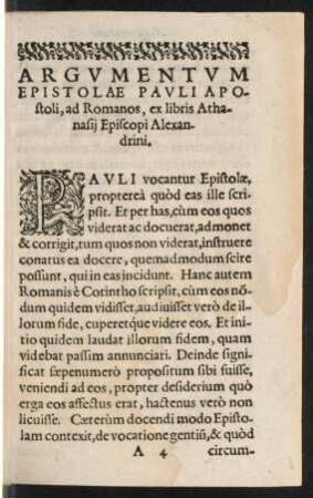 Argumentum Epistolae Pauli Apostoli, ad Romanos, ex libris Athanasii Episcopi Alexandrini.