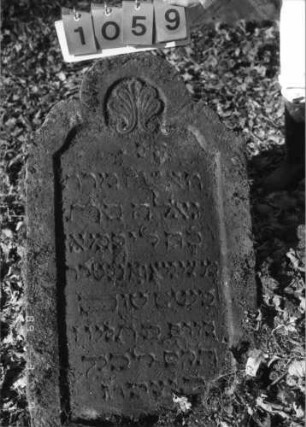 Grabstein 1059 (Index: 99753359) Material: Sandstein Zustand: verwitt/Stele nach hinten gekippt Maße HxBxT: 102x60x11 cm Beschreibung: Stele, geschwungen eingezogener Rundbogenabschluß, Schriftfeld eingetieft Symbolik: Muschel: Grabstein 1059