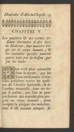 Chapitre V. Les qualitez & les vertus des Eaux thermales d'Aix dans la Medecine, leur maniére d'agir sur le corps humain, ...
