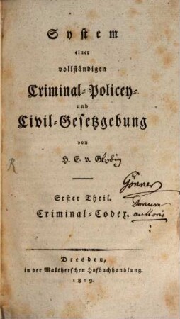 System einer vollständigen Criminal-, Policey- und Civil-Gesetzgebung, 1. Criminal-Codex