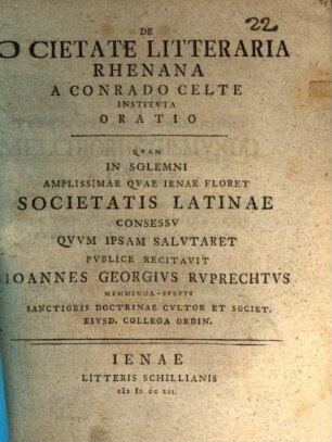 De Societate Litteraria Rhenana A Conrado Celte Institvta Oratio