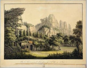 Wohnhaus und Landschaft mit Felsen (Rathen?) in der Nähe des Liliensteins in der Sächsischen Schweiz