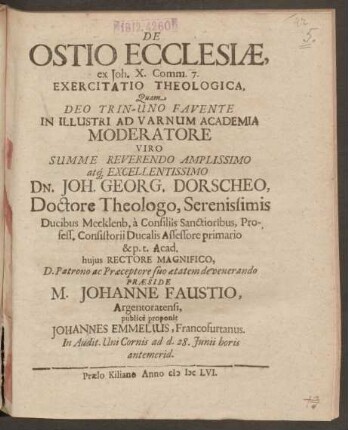 De Ostio Ecclesiae, ex Joh. X. Comm. 7. Exercitatio Theologica