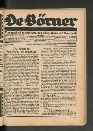 5. Jahrgang. Hamburg-Langenhorn, 15.September 1925. Nummer 9. : Monatsschrift für die Siedlung Langenhorn und Umgebung