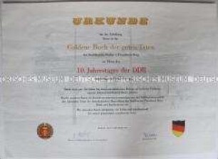Vordruck der Urkunde der Nationalen Front zum 10. Jahrestag der DDR (blanko)