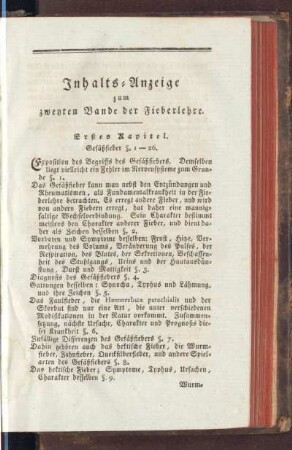 Inhalts-Anzeige zum zweyten Bande der Fieberlehre