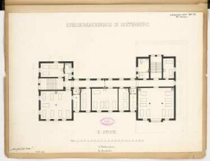 Kreiskrankenhaus, Insterburg Monatskonkurrenz November 1885: Grundriss Obergeschoss mit Variante; Maßstabsleiste