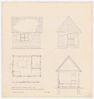 Kleingartenlaube: Grundriss, Ansicht, Seitenansicht, Querschnitt 1:20