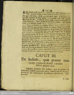 Caput III. De Indiciis, quae praeter enumerata communia Indicia cujusdam delicti propria sunt