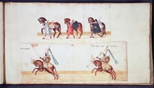 Aufzug zur Fastnacht 1609 in Dresden : Graf Philip Ernst von Hoenlör den Mohrenaufzug eröffnend. 29. Part, Blatt 78 aus: Abriß und Verzeichnis aller Inventionen und Aufzüge, welche an Fastnachten Anno 1609 im kurfürstl. Schlosse zu Dresden aufgeführt wurden. Deckfarben; ca. 28,9 x 52,7 cm. Dresden: SLUB, Handschriftensammlung SLUB.Mscr.Dresd.J.18