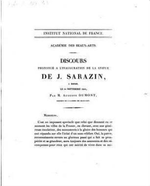 Discours prononcé a l'inauguration de la statue de J. Sarazin, a Noyon : le 14 Septembre 1851