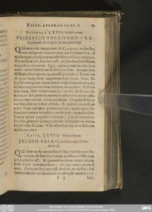 Epistola LXVII. Mediolanum. Friderico Borromaeo, S. R. E. Cardinali Archiepiscopo Mediolanensi.