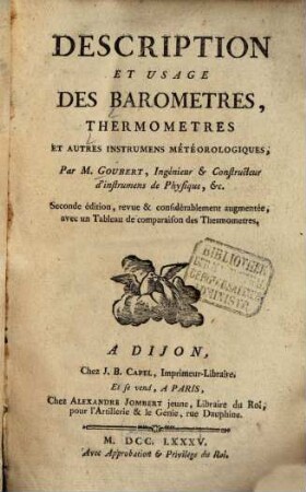 Déscription Et Usage Des Baromètres, Thermomètres, Et Autres Instrumens Météorologiques