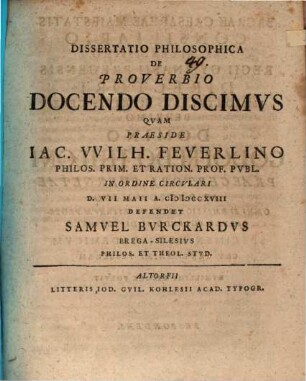 Dissertatio Philosophica De Proverbio Docendo Discimvs