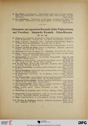 Chinesische und japanische Keramik (frühe Töpferarbeiten und Porzellan). Islamische Keramik. China-Bronzen (Nr. 59-181)