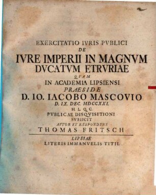 Exercitatio Ivris Pvblici De Ivre Imperii In Magnvm Dvcatvm Etrvriae