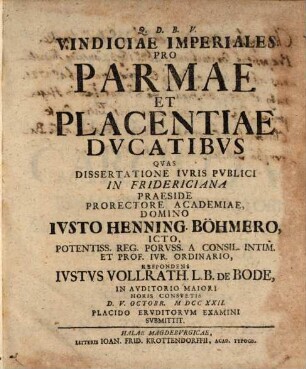 Vindiciae Imperiales Pro Parmae Et Placentiae Dvcatibvs