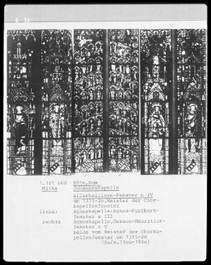 mittleres Fenster N IV: Allerheiligen-Fenster; linkes Fenster, S III: Agnes-Kunibert-Fenster; rechtes Fenster, S V: Gereon-Mauritius-Fenster